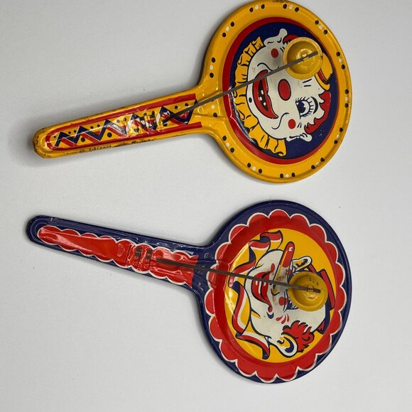 VTG Kirchhoff Clown Tin Noisemakers Colorful Carnival Clacker Toys Retro C. 1940 - Picture 2 of 13